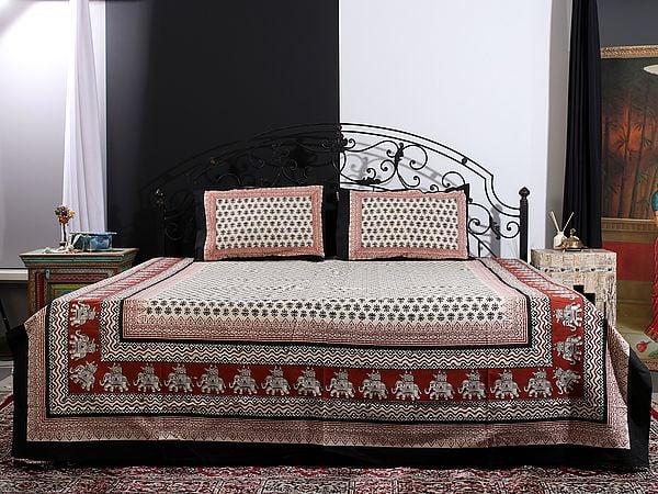 Exotic India Beige Color Queen Size Bedsheet With Jaipuri Bagru Print Butti-Floral Motif And Two Pillow Cover 