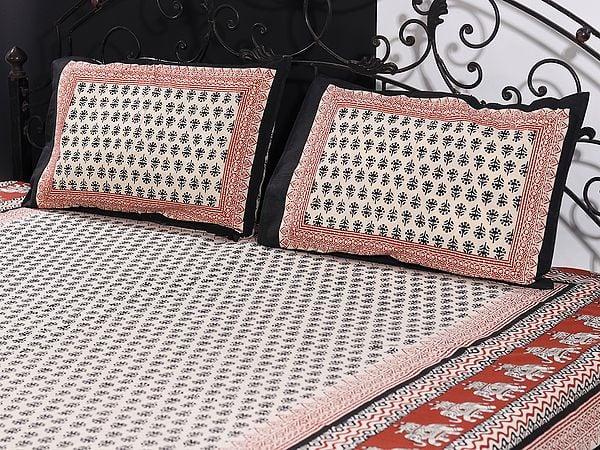 Exotic India Beige Color Queen Size Bedsheet With Jaipuri Bagru Print Butti-Floral Motif And Two Pillow Cover 