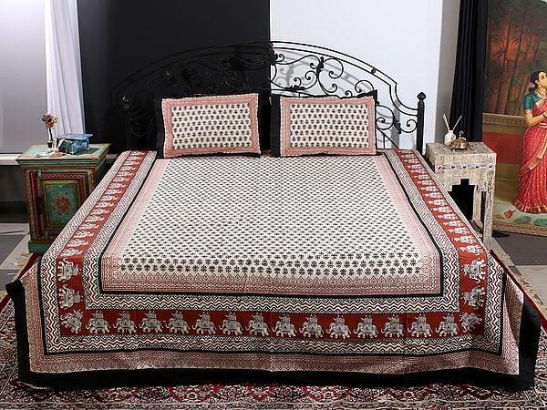 exotic india Beige Color Queen Size Bedsheet With Jaipuri Bagru Print Butti-Floral Motif And Two Pillow Cover 