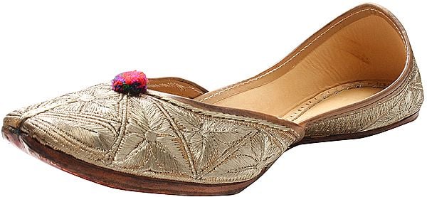 Exotic India Beige Jooties With Aari Embroidered Leaves 