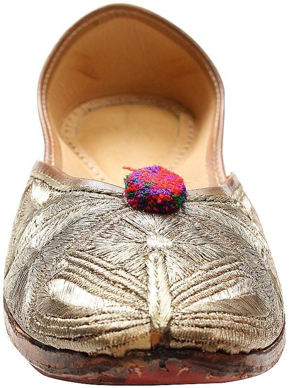 Exotic India Beige Jooties With Aari Embroidered Leaves 
