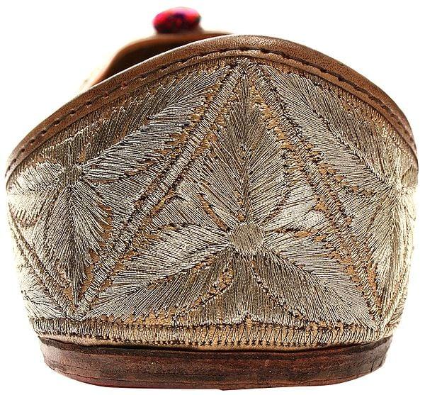 Exotic India Beige Jooties With Aari Embroidered Leaves 