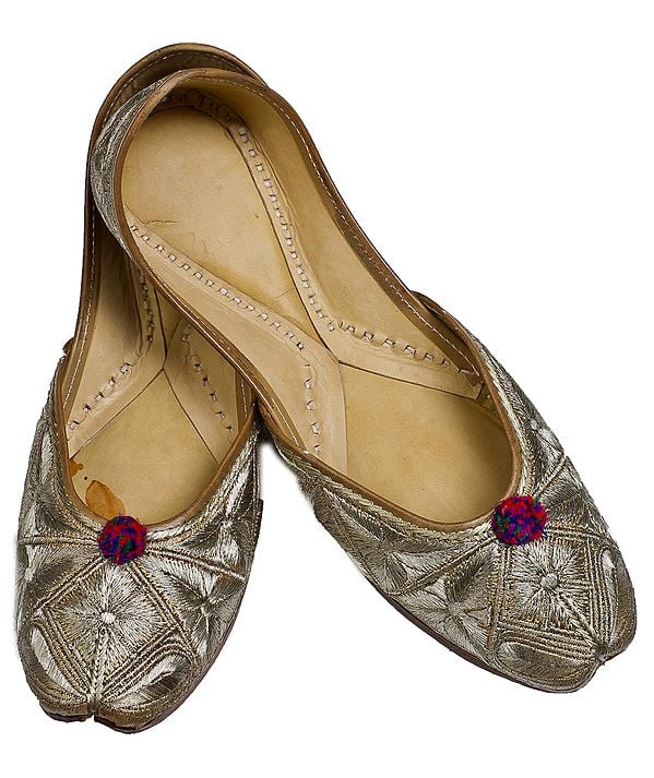 exotic india Beige Jooties with Aari Embroidered Leaves 
