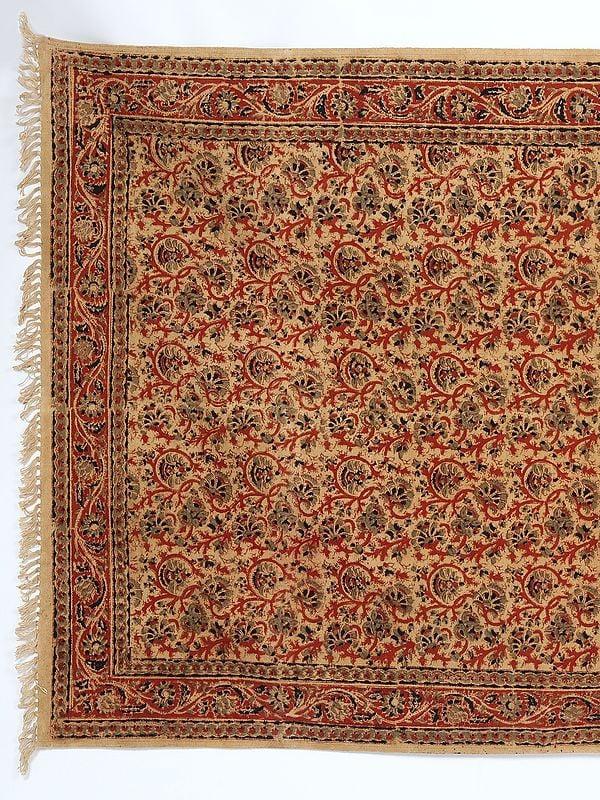 Exotic India Beige Kalamkari Dhurrie With Printed Floral Vines From Telangana