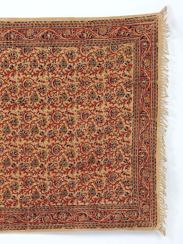 Exotic India Beige Kalamkari Dhurrie With Printed Floral Vines From Telangana