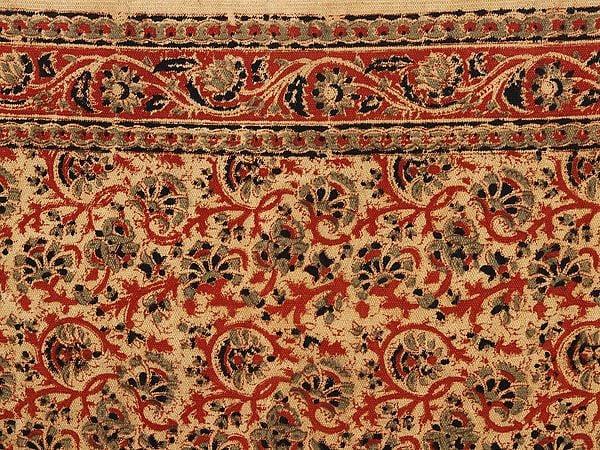 Exotic India Beige Kalamkari Dhurrie With Printed Floral Vines From Telangana