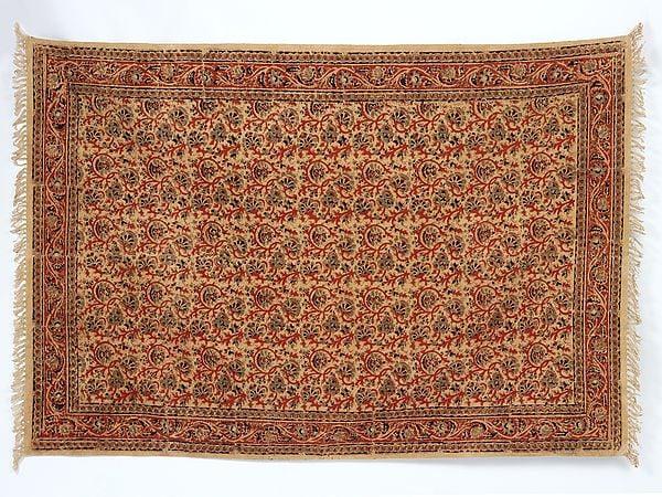 exotic india Beige Kalamkari Dhurrie with Printed Floral Vines from Telangana 