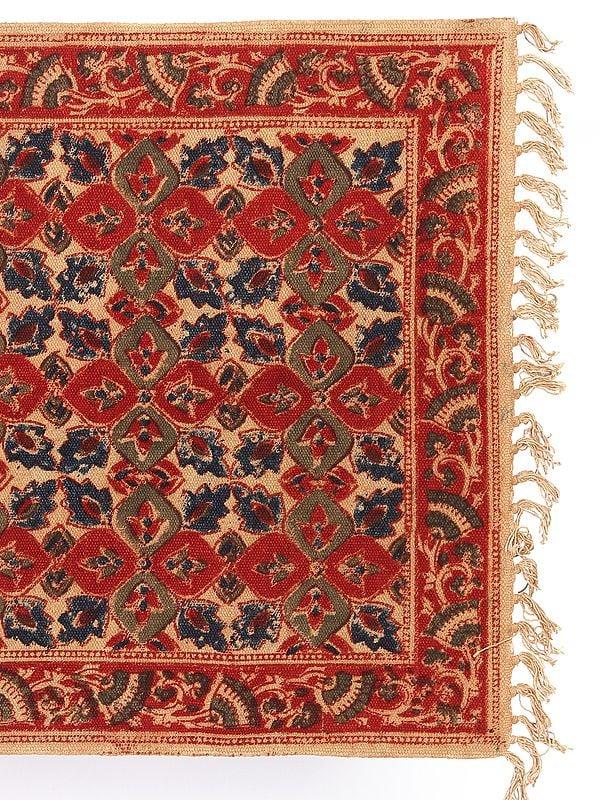 Exotic India Beige Kalamkari Printed Yoga Carpet From Telangana 