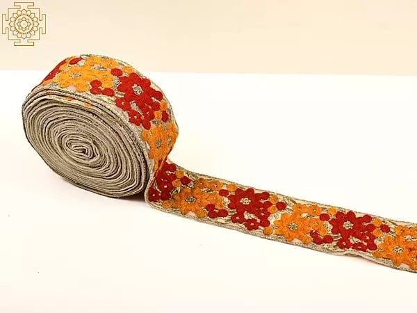 Exotic India Beige Net Border With Zari And Thread Floral Embroidery 