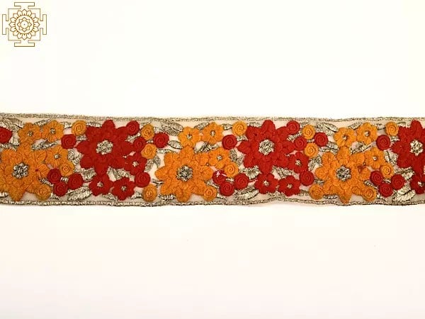 Exotic India Beige Net Border With Zari And Thread Floral Embroidery 