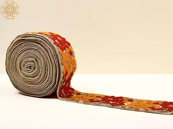 exotic india Beige Net Border with Zari and Thread Floral Embroidery