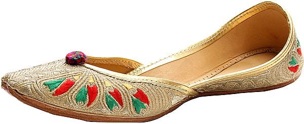 Exotic India Beige Phulkari Jooties From Punjab With Silver Aari Embroidery 