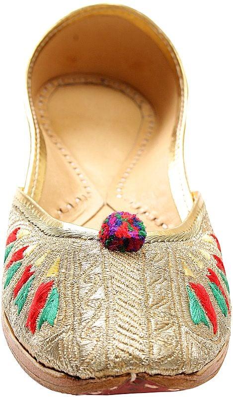 Exotic India Beige Phulkari Jooties From Punjab With Silver Aari Embroidery 