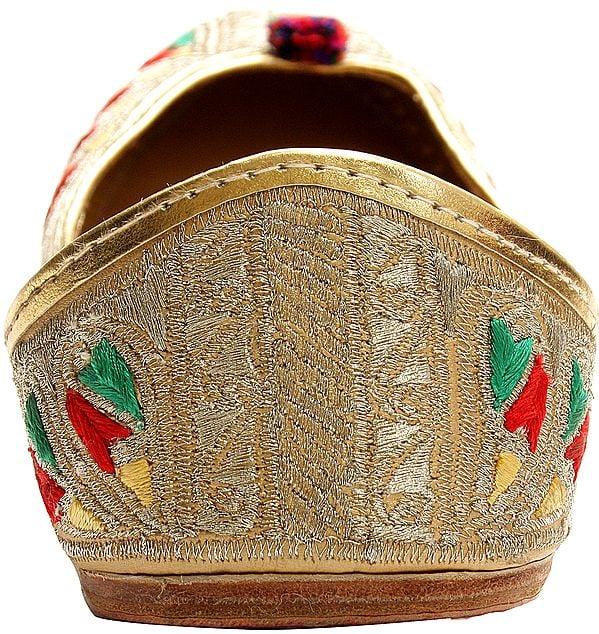 Exotic India Beige Phulkari Jooties From Punjab With Silver Aari Embroidery 
