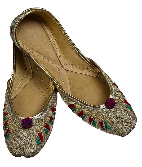 exotic india Beige Phulkari Jooties from Punjab with Silver Aari Embroidery 