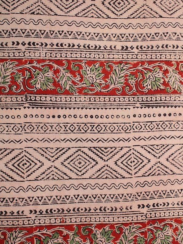 Exotic India Beige-Red Pure Cotton Kalamkari Block Printed Fabric 