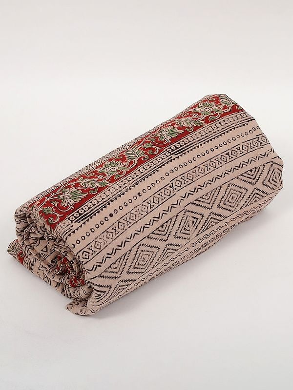Exotic India Beige-Red Pure Cotton Kalamkari Block Printed Fabric 
