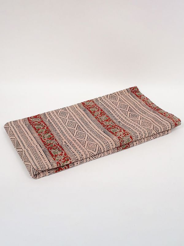 exotic india Beige-Red Pure Cotton Kalamkari Block Printed Fabric 