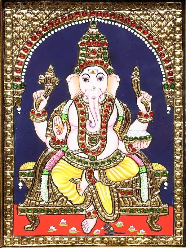 Exotic India Bhagawan Ganapati | Framed Tanjore Painting 