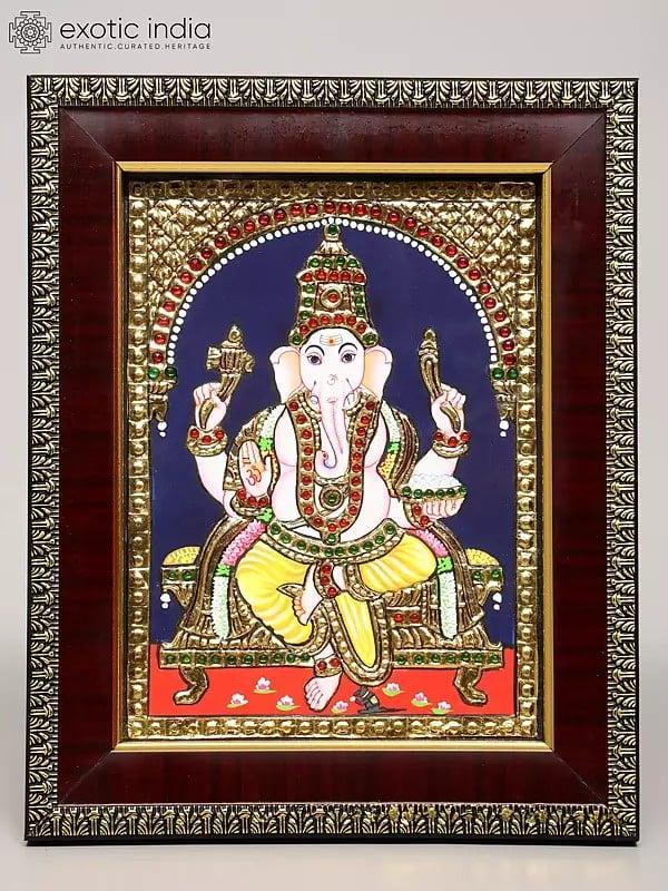 exotic india Bhagawan Ganapati | Framed Tanjore Painting 
