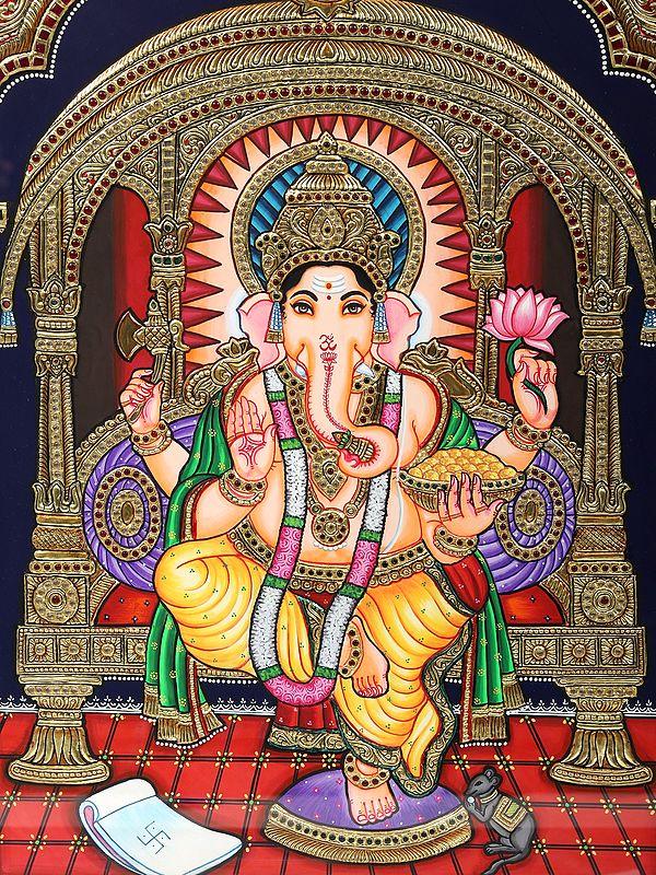 Exotic India Bhagawan Ganapati Seated On Throne | Tanjore Painting | With Frame