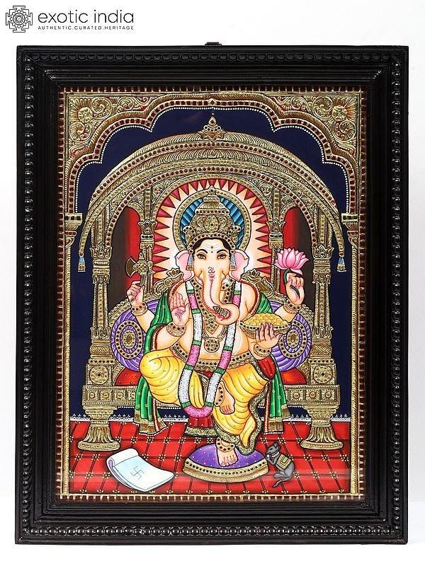 exotic india Bhagawan Ganapati Seated on Throne | Tanjore Painting | With Frame 
