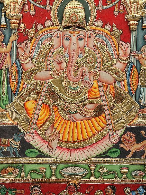 Exotic India Bhagawan Ganapati Tanjore Painting | With Vintage Teakwood Frame 