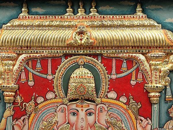 Exotic India Bhagawan Ganapati Tanjore Painting | With Vintage Teakwood Frame 