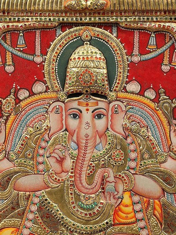 Exotic India Bhagawan Ganapati Tanjore Painting | With Vintage Teakwood Frame 