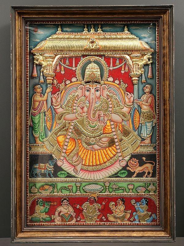 exotic india Bhagawan Ganapati Tanjore Painting | With Vintage Teakwood Frame 