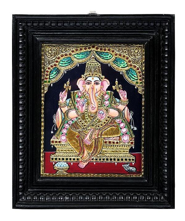 exotic india Bhagawan Ganesha Tanjore Painting | Traditional Colors with 24K Gold | Teakwood Frame 