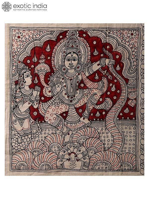 exotic india Bhagawan Krishna Dancing on Kaliya Naag | Kalamkari Painting