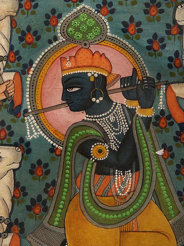 Exotic India Bhagawan Krishna Playing Flute | Watercolor On Paper