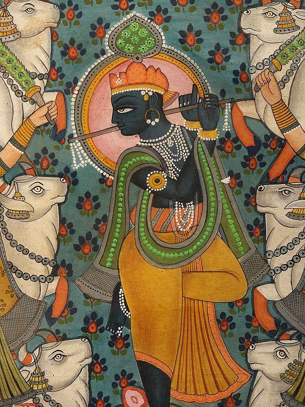 Exotic India Bhagawan Krishna Playing Flute | Watercolor On Paper