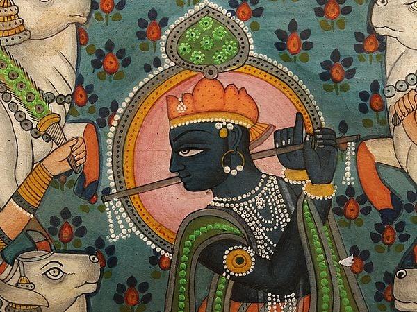 Exotic India Bhagawan Krishna Playing Flute | Watercolor On Paper