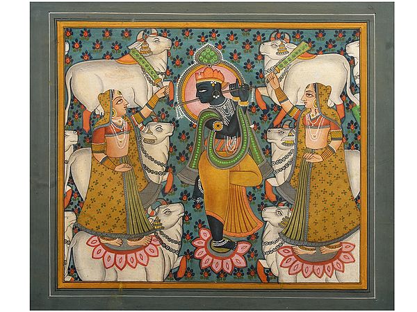 exotic india Bhagawan Krishna Playing Flute | Watercolor on Paper