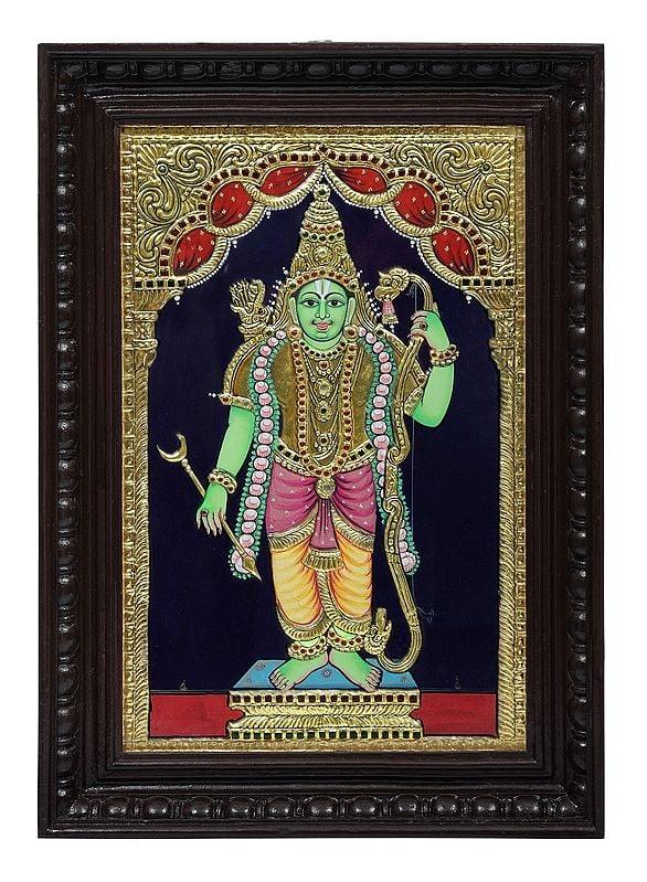 exotic india Bhagawan Rama Tanjore Painting | Traditional Colors with 24K Gold | Teakwood Frame 