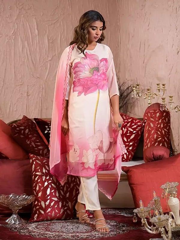 Exotic India Big Floral Motifs Printed Attractive Straight Party Wear Silk Kurta Set With Matching Dupatta