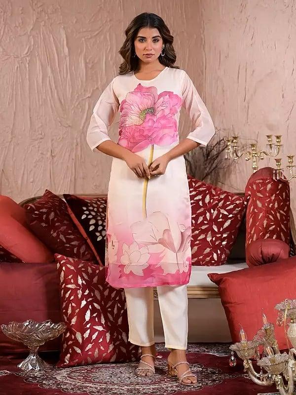 Exotic India Big Floral Motifs Printed Attractive Straight Party Wear Silk Kurta Set With Matching Dupatta