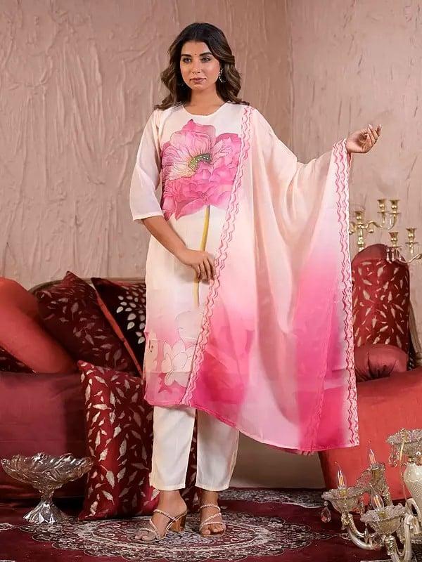 exotic india Big Floral Motifs Printed Attractive Straight Party Wear Silk Kurta Set With Matching Dupatta