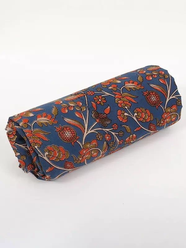 Exotic India Bijou-Blue Pure Cotton Kalamkari Blocked Printed Fabric 
