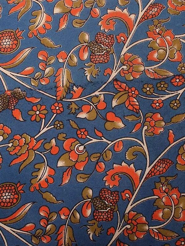 Exotic India Bijou-Blue Pure Cotton Kalamkari Blocked Printed Fabric 