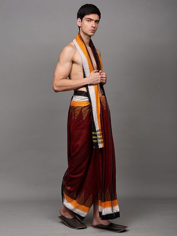 Exotic India Biking-Red Pure Cotton Dhoti And Angavastram Set With Woven Temple Border From Sambalpur 
