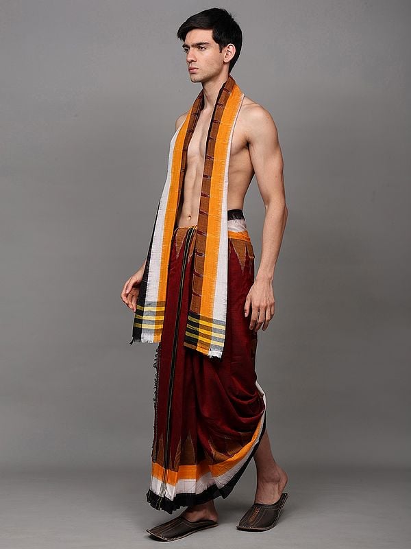 Exotic India Biking-Red Pure Cotton Dhoti And Angavastram Set With Woven Temple Border From Sambalpur 