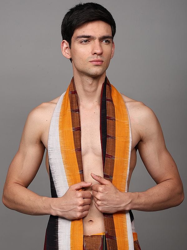 Exotic India Biking-Red Pure Cotton Dhoti And Angavastram Set With Woven Temple Border From Sambalpur 