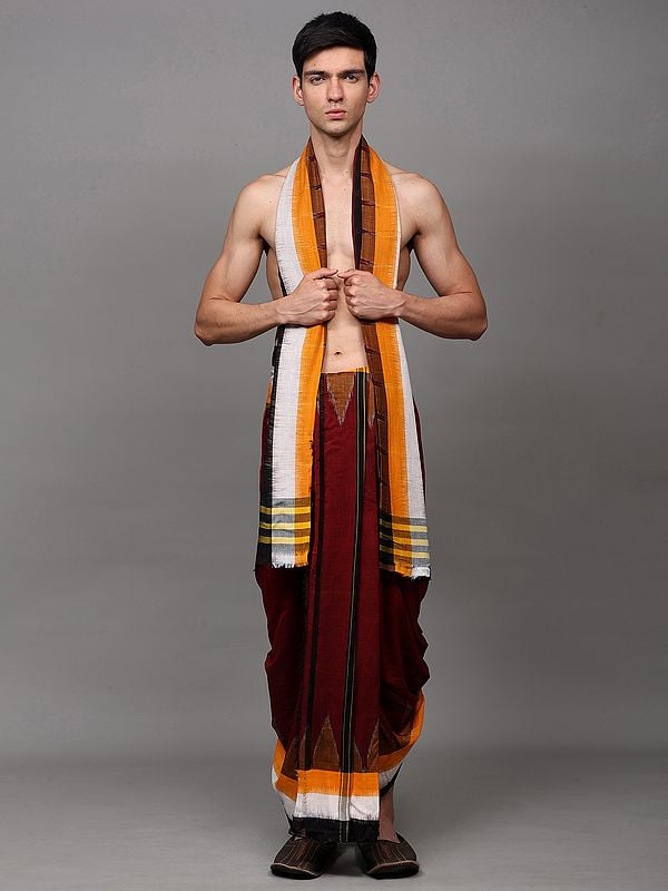 exotic india Biking-Red Pure Cotton Dhoti and Angavastram Set with Woven Temple Border from Sambalpur 
