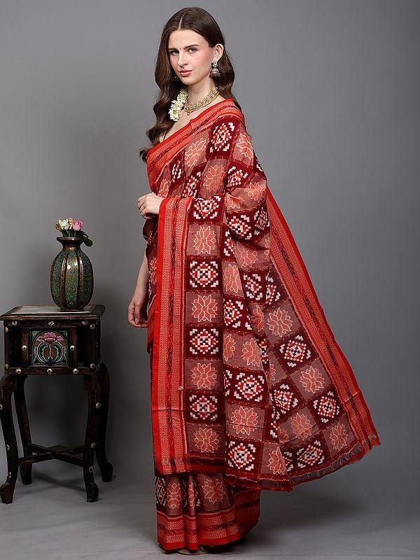 Exotic India Biking-Red Pure Cotton Ikat Handloom Saree From Sambalpur With Rudraksha Woven Border 