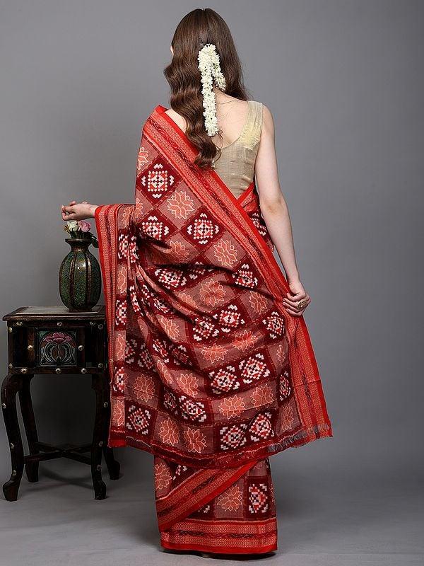 Exotic India Biking-Red Pure Cotton Ikat Handloom Saree From Sambalpur With Rudraksha Woven Border 