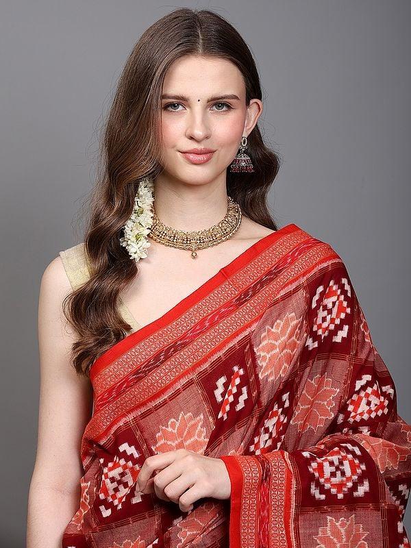 Exotic India Biking-Red Pure Cotton Ikat Handloom Saree From Sambalpur With Rudraksha Woven Border 