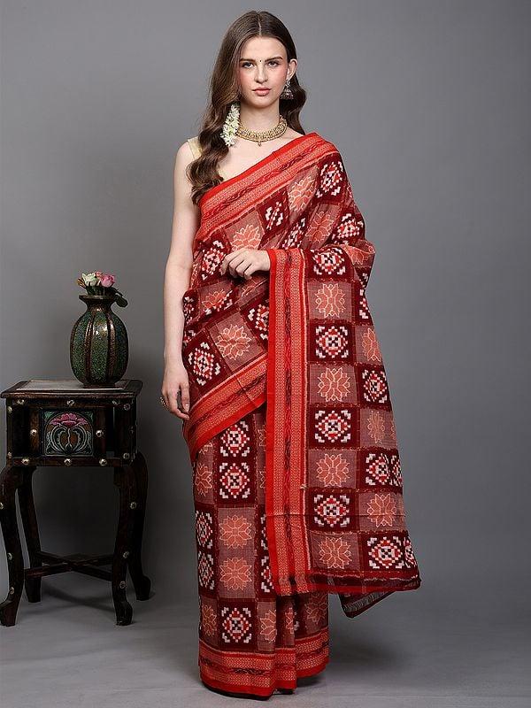 exotic india Biking-Red Pure Cotton Ikat Handloom Saree from Sambalpur with Rudraksha Woven Border 